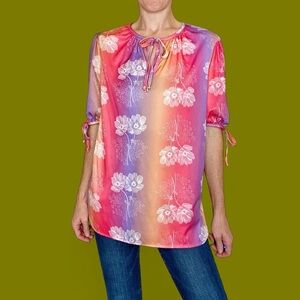 Vintage 70’s Colorful Floral Stripes Tie Sleeve Blouse